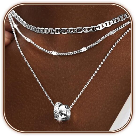 Women Layered CZ Rondelle Pendant Necklace Set 14K Gold Plated Silver - Picture 2 of 7